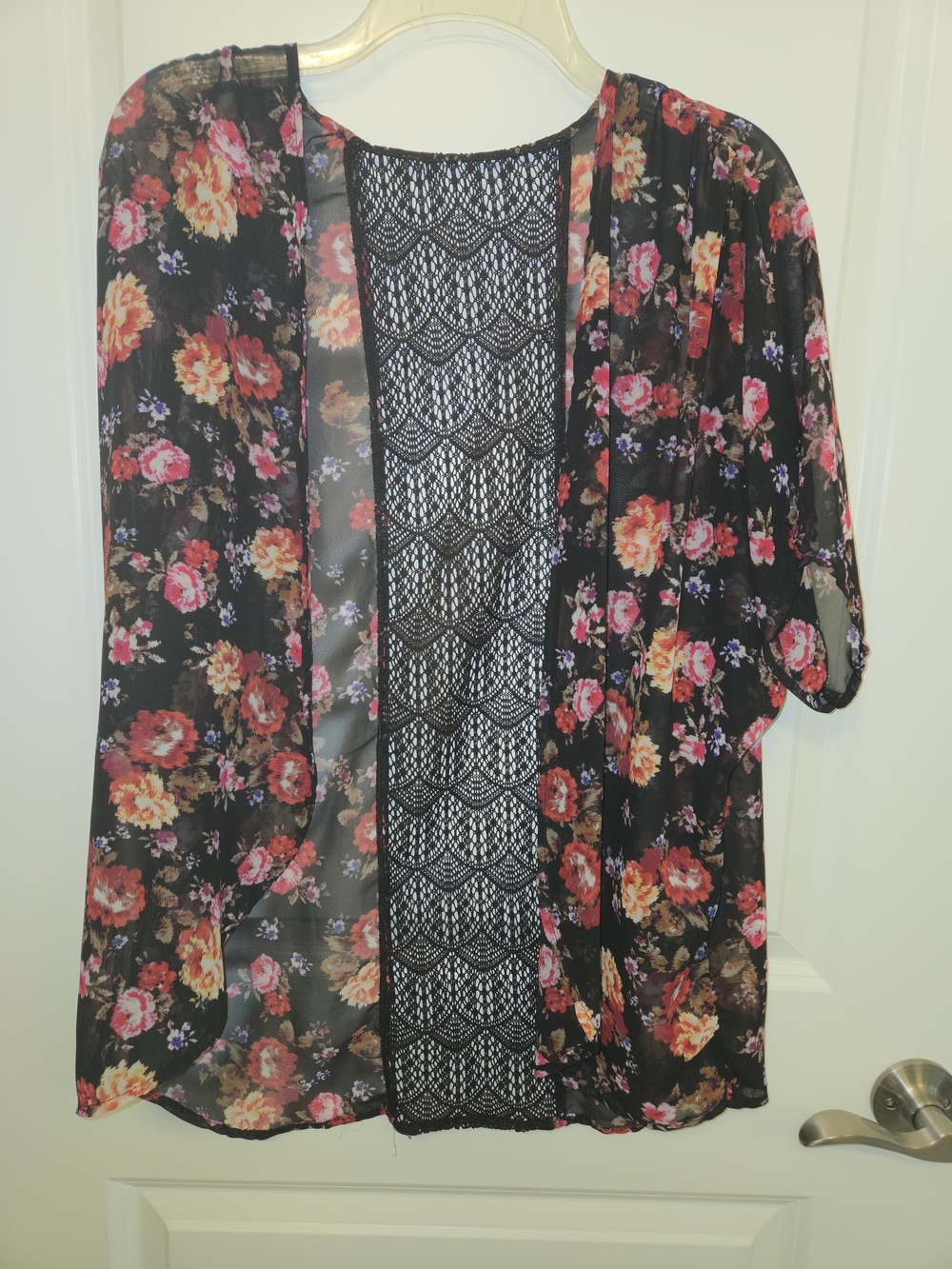 Black Floral Open-Front Kimono with Lace Back Panel